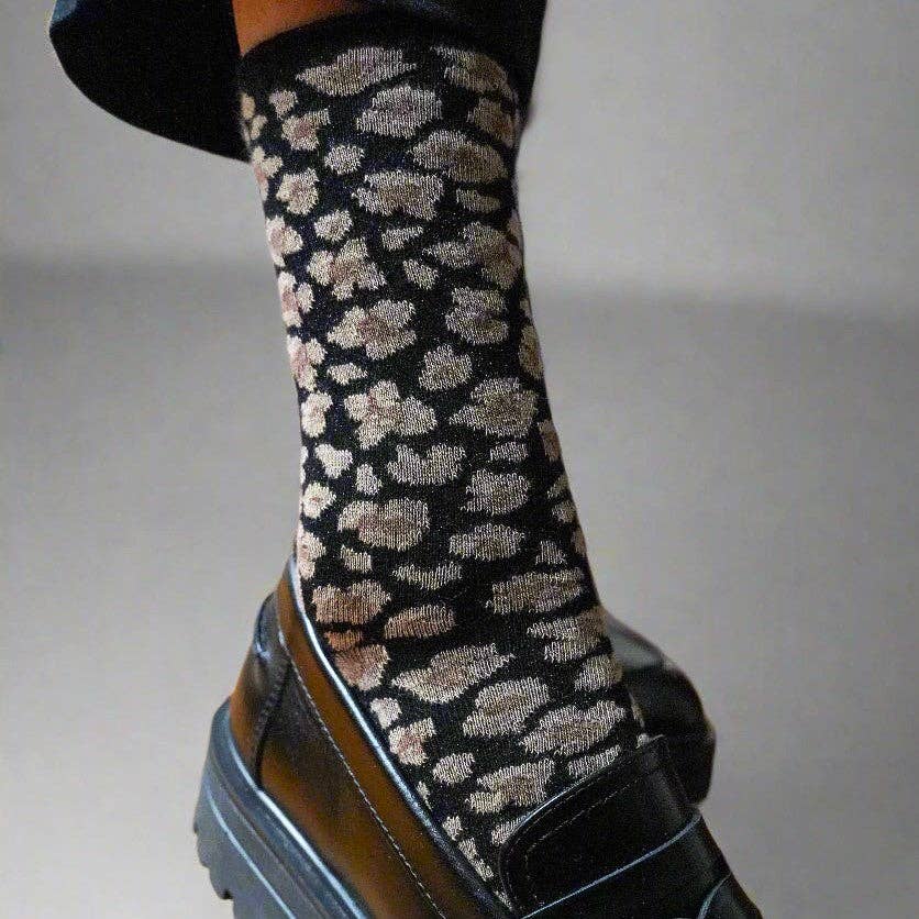 Buy KLUE Glitter Lurex socks in eco - friendly Lyocell | Leopard black: 36 - 40 by KLUE - at Hamish + Grace