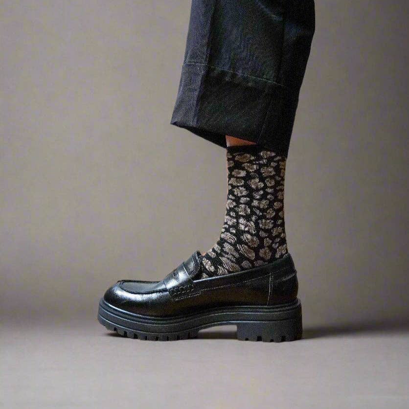 Buy KLUE Glitter Lurex socks in eco - friendly Lyocell | Leopard black: 36 - 40 by KLUE - at Hamish + Grace