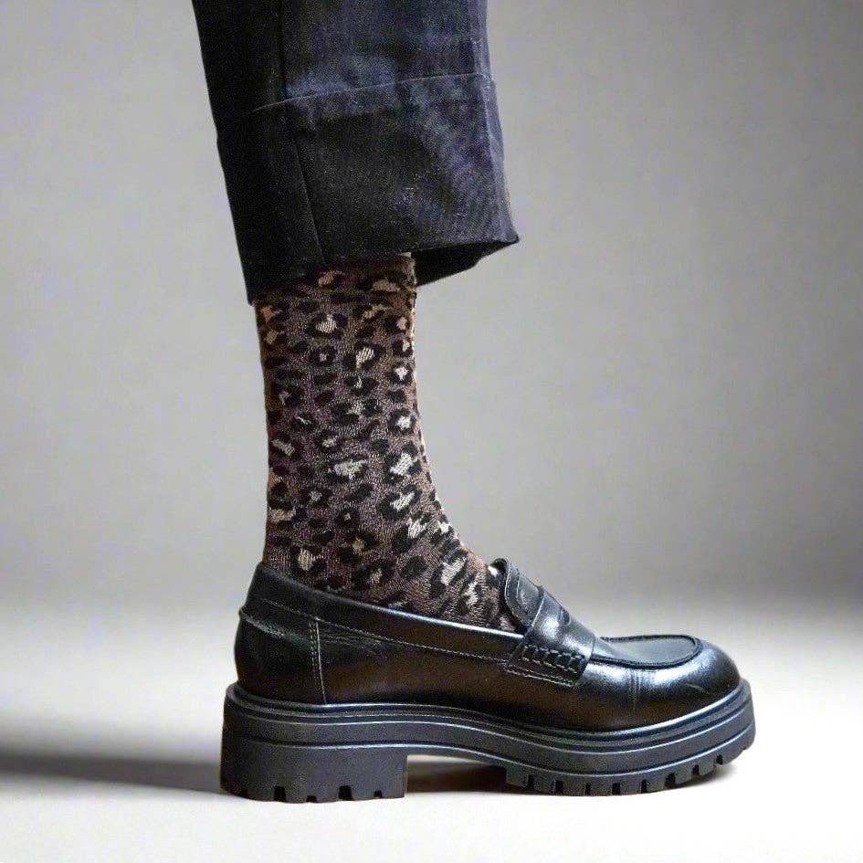Buy KLUE Glitter Lurex socks in eco - friendly Lyocell | Leopard brown: 36 - 40 by KLUE - at Hamish + Grace