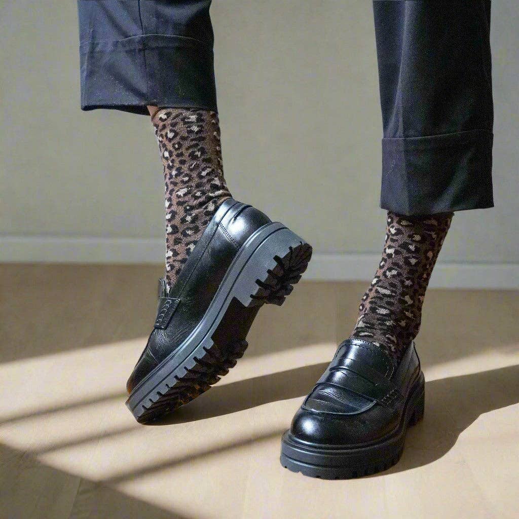Buy KLUE Glitter Lurex socks in eco - friendly Lyocell | Leopard brown: 36 - 40 by KLUE - at Hamish + Grace