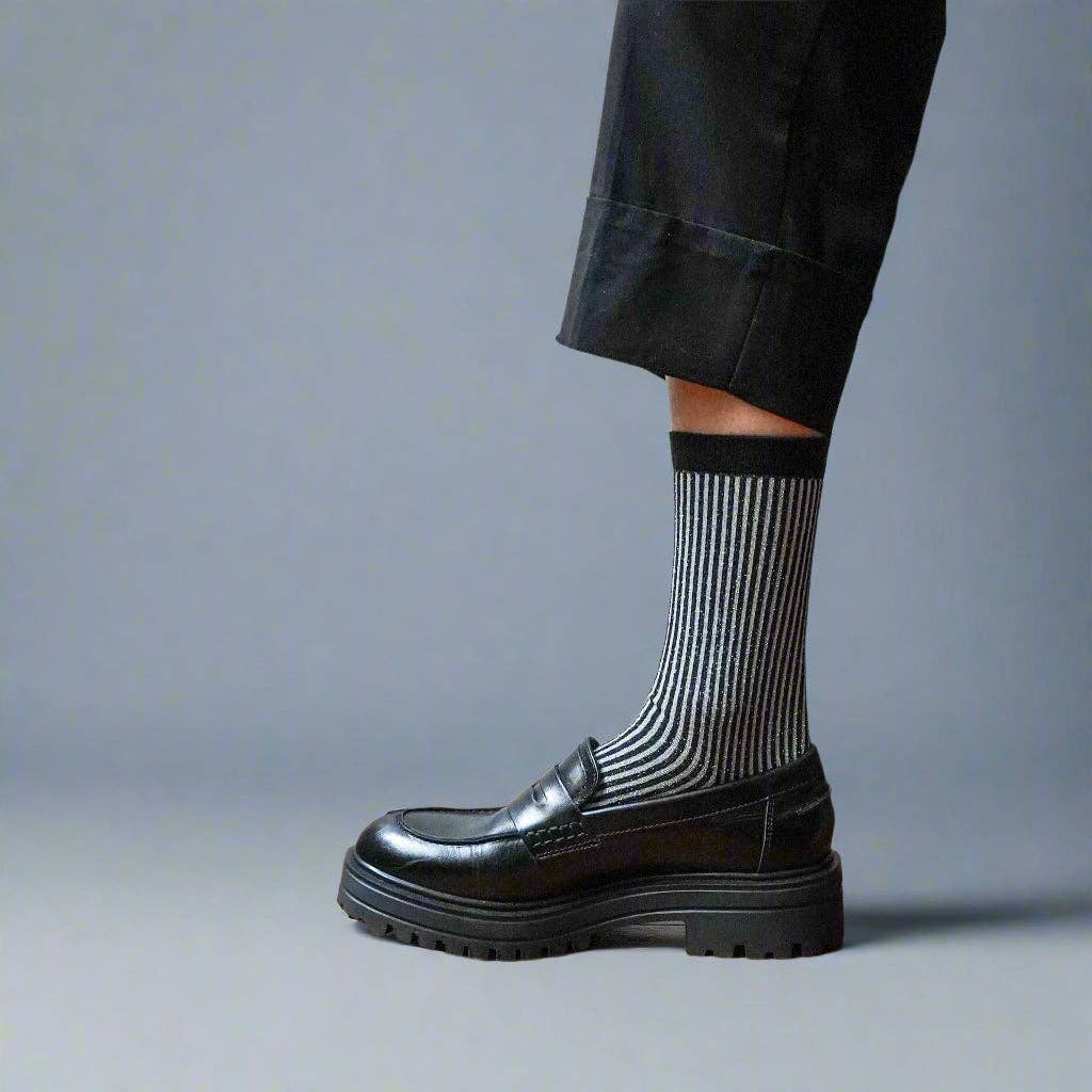 Buy KLUE Glitter Lurex socks in eco - friendly Lyocell | Stripes Black: 36 - 40 by KLUE - at Hamish + Grace