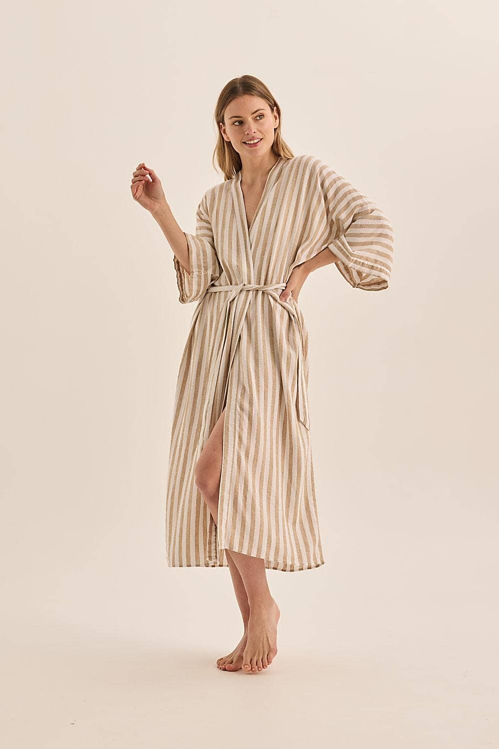 Buy Linen Stripe Robe - Sunny Natural: Neutral / S by Gingerlilly - at Hamish + Grace