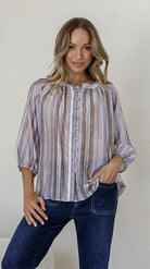 Buy Linen/Tencel Malta Top - Blue/Choc by 132 Fashion - at Hamish + Grace