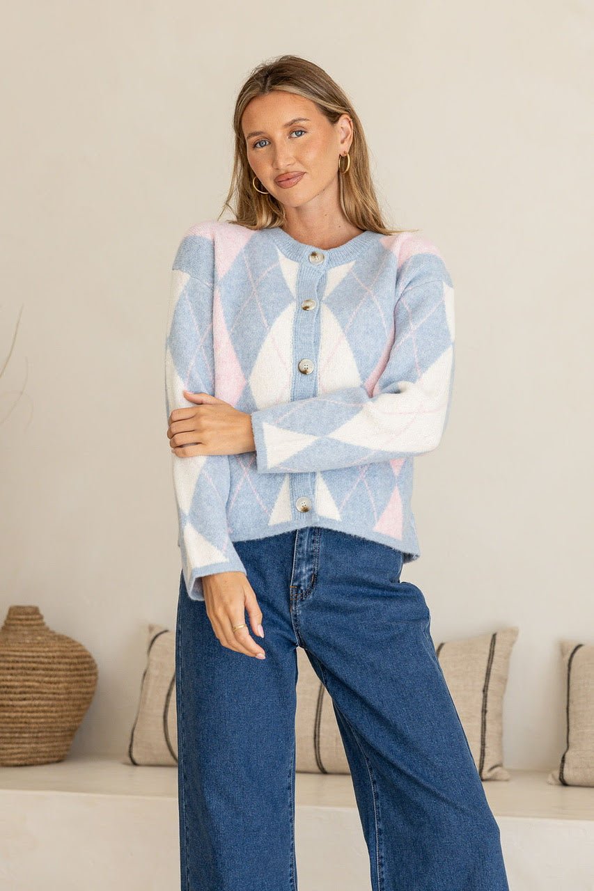 Buy Miss Marlow - Argyle Cardi - Powder Blue/Pink by Miss Marlow - at Hamish + Grace