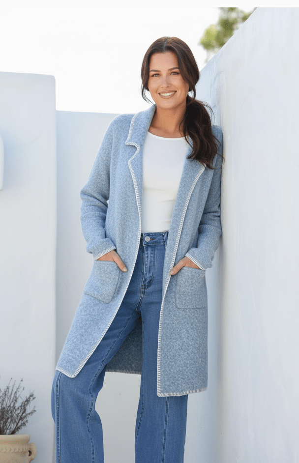 Buy Miss Marlow - Blanket Stitch Coatigan - Powder Blue by Miss Marlow - at Hamish + Grace