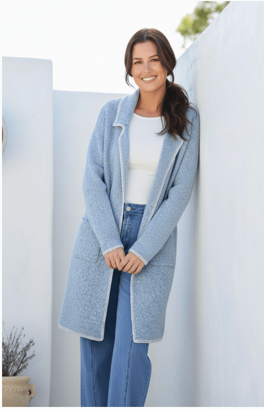 Buy Miss Marlow - Blanket Stitch Coatigan - Powder Blue by Miss Marlow - at Hamish + Grace