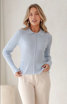 Buy Miss Marlow - Darling Mayfair - collared multi button splice rib knit - blue by Miss Marlow - at Hamish + Grace