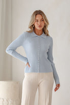 Buy Miss Marlow - Darling Mayfair - collared multi button splice rib knit - blue by Miss Marlow - at Hamish + Grace