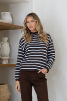 Buy Miss Marlow - Mock Turtle Neck - Chocolate/Blue Stripe by Miss Marlow - at Hamish + Grace