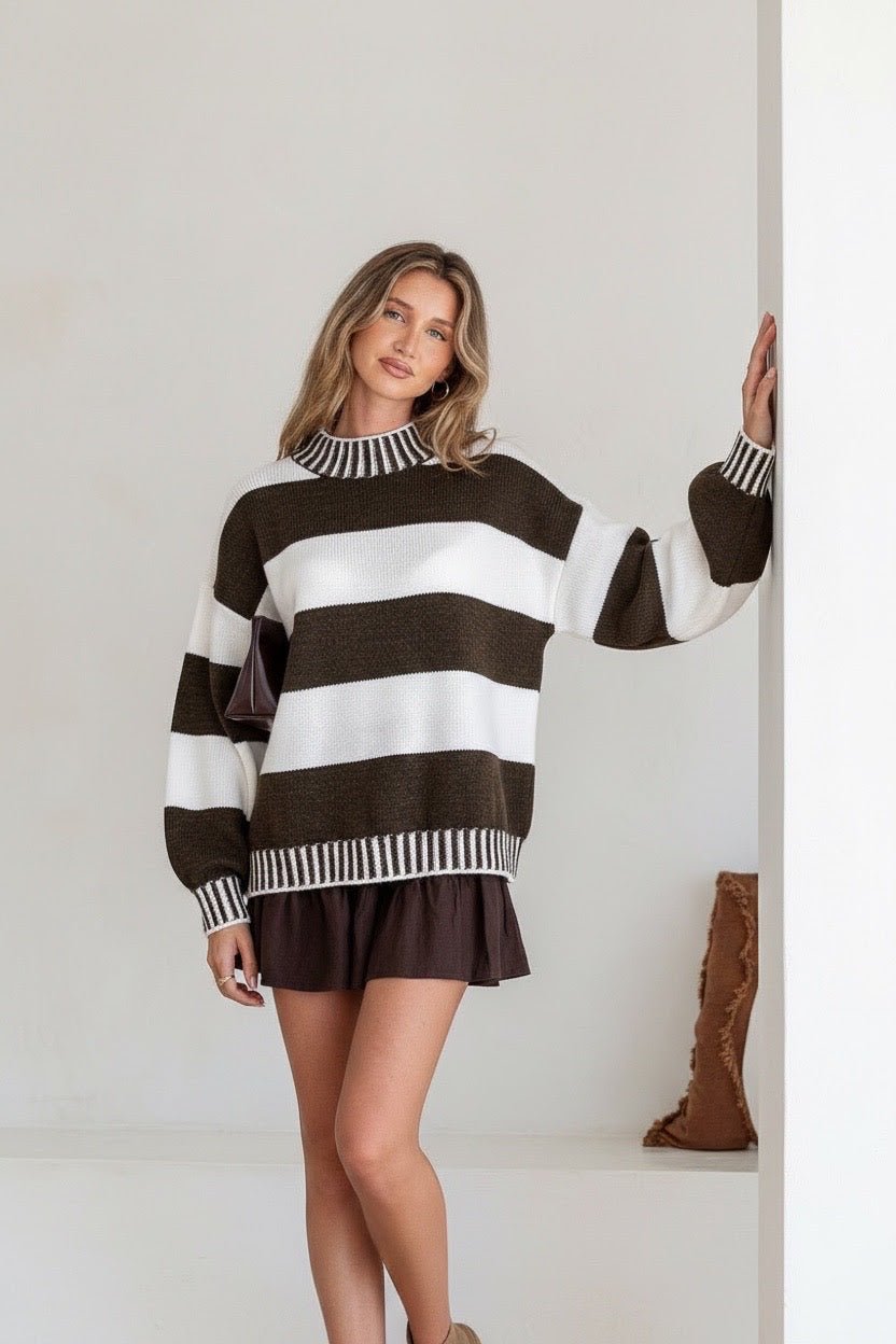 Buy Miss Marlow - Tilly Contrast Stitch - Large Chocolate Stripe by Miss Marlow - at Hamish + Grace