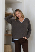 Buy Miss Marlow - V - Neck Contrast Knit - Chocolate/Powder Blue by By Frankie - at Hamish + Grace