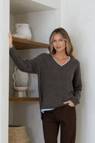 Buy Miss Marlow - V - Neck Contrast Knit - Chocolate/Powder Blue by By Frankie - at Hamish + Grace