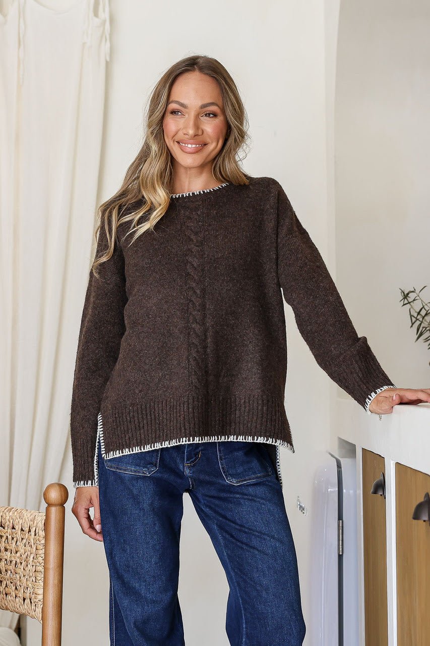Buy Miss Marlow - Wool Blend Cable Front Blanket Stitch - Chocolate by Miss Marlow - at Hamish + Grace