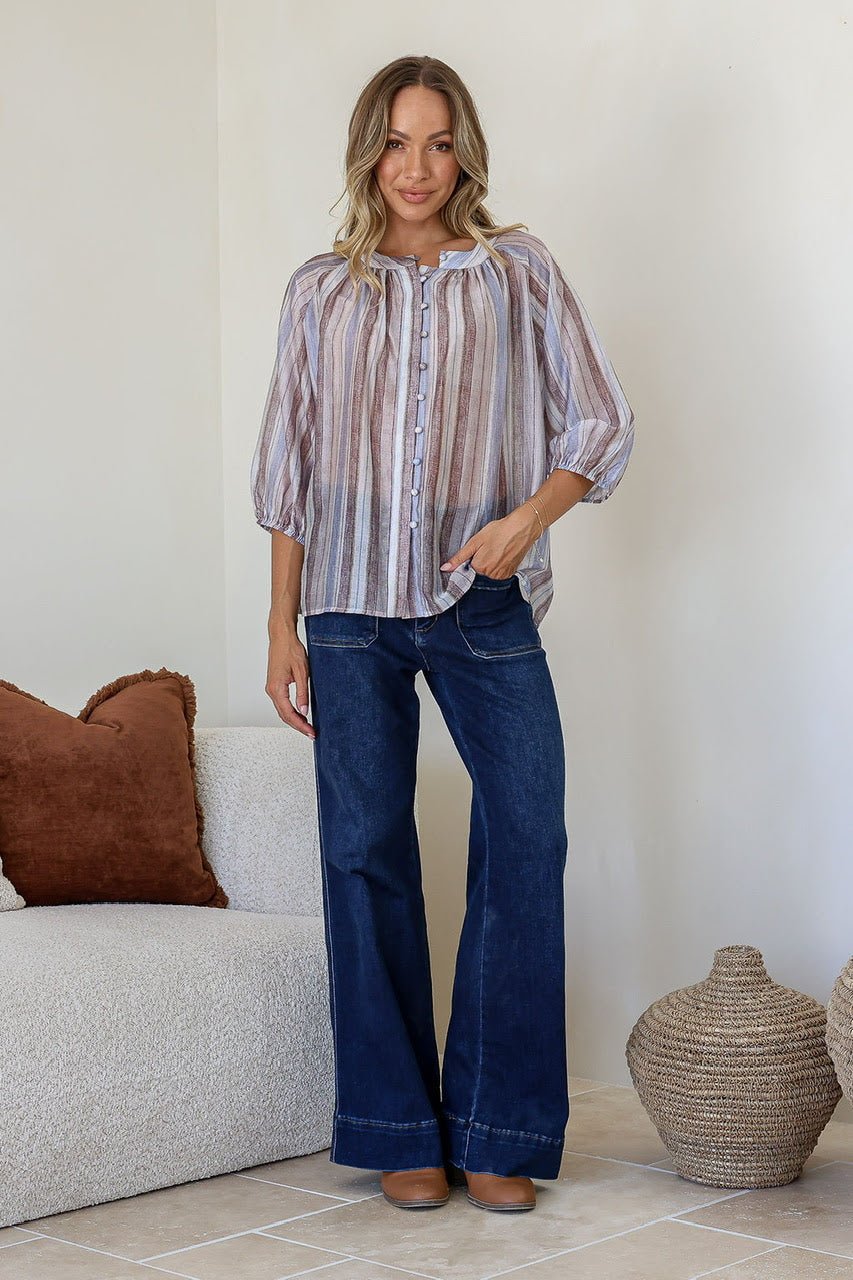 Buy Saint Germaine - Malta Blouse - Blue/Choc Stripe by saint germaine - at Hamish + Grace