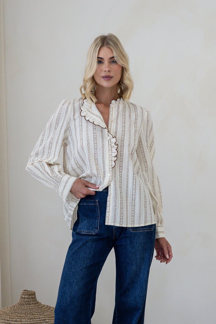 Buy Smaibulin - Cotton Stripe Ruffle Trim Blouse - Choc/White by Smaibulin - at Hamish + Grace