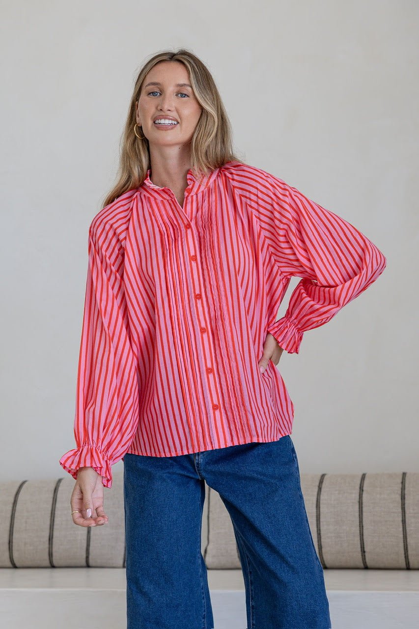 Buy Sorrento Pintuck front detail button blouse - Pink/Red by 132 Fashion - at Hamish + Grace