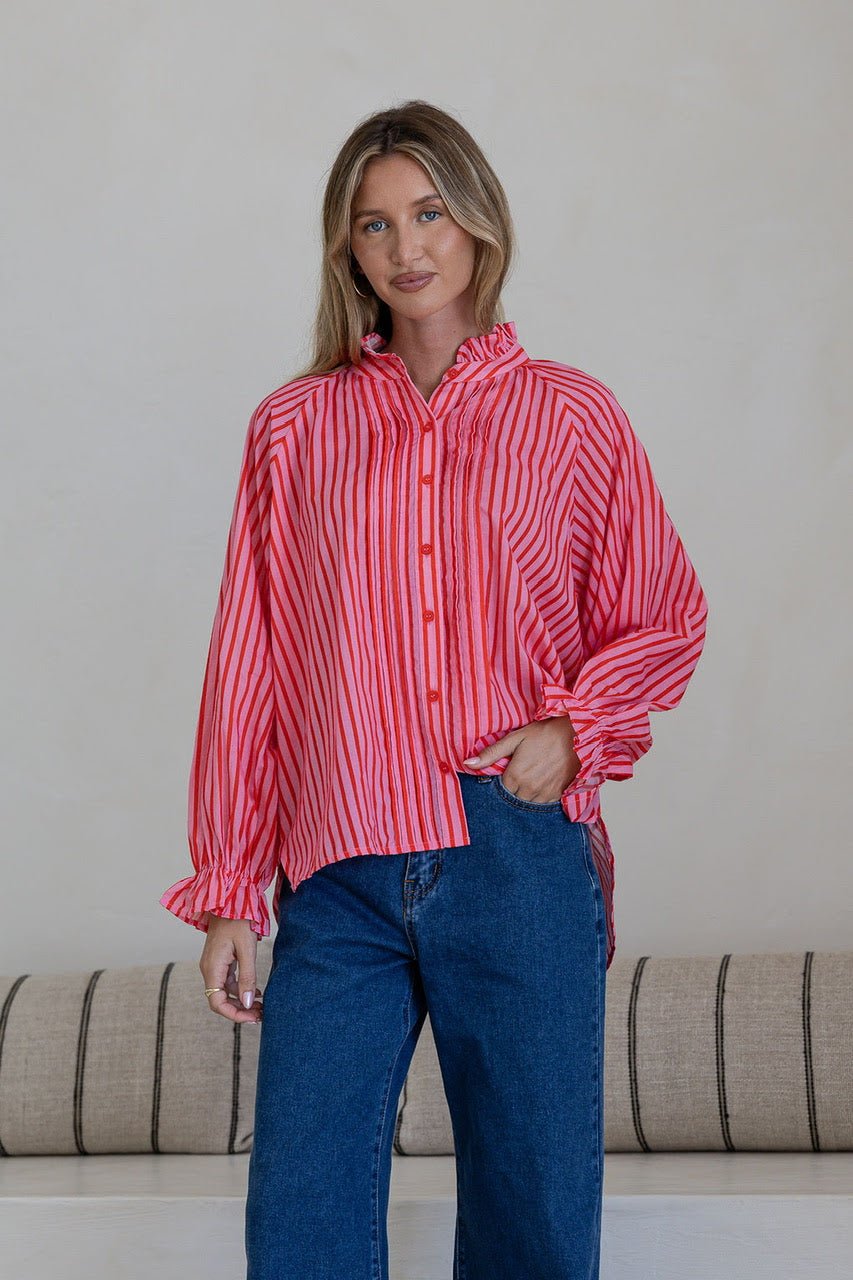 Buy Sorrento Pintuck front detail button blouse - Pink/Red by 132 Fashion - at Hamish + Grace