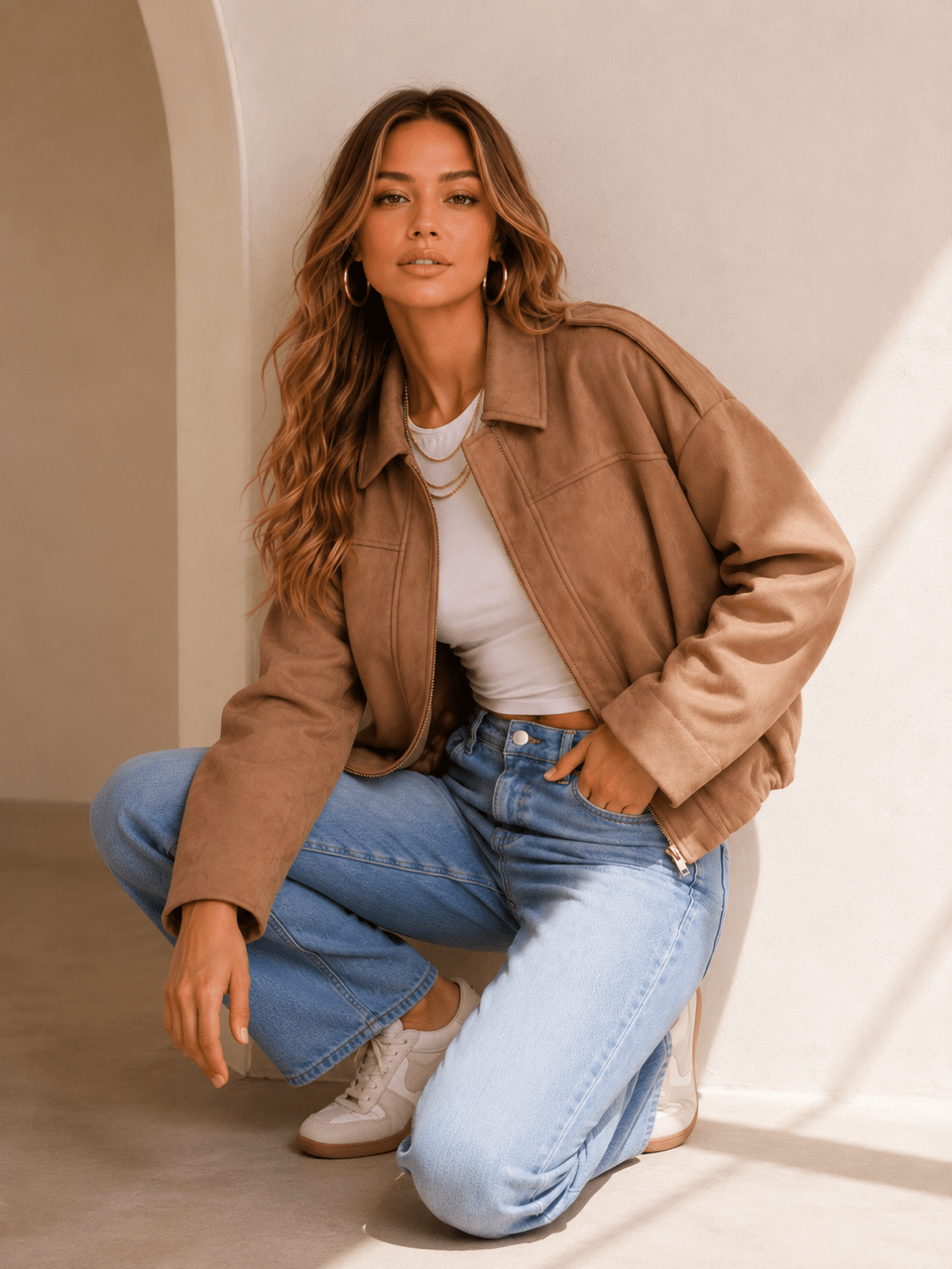 Buy Suede Gather Hem Bomber Jacket - Soft Tan by Smaibulin - at Hamish + Grace
