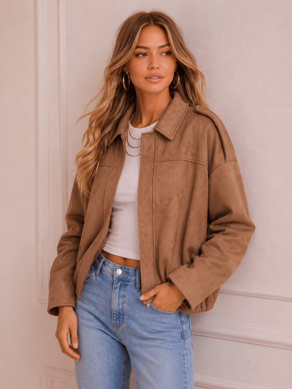 Buy Suede Gather Hem Bomber Jacket - Soft Tan by Smaibulin - at Hamish + Grace
