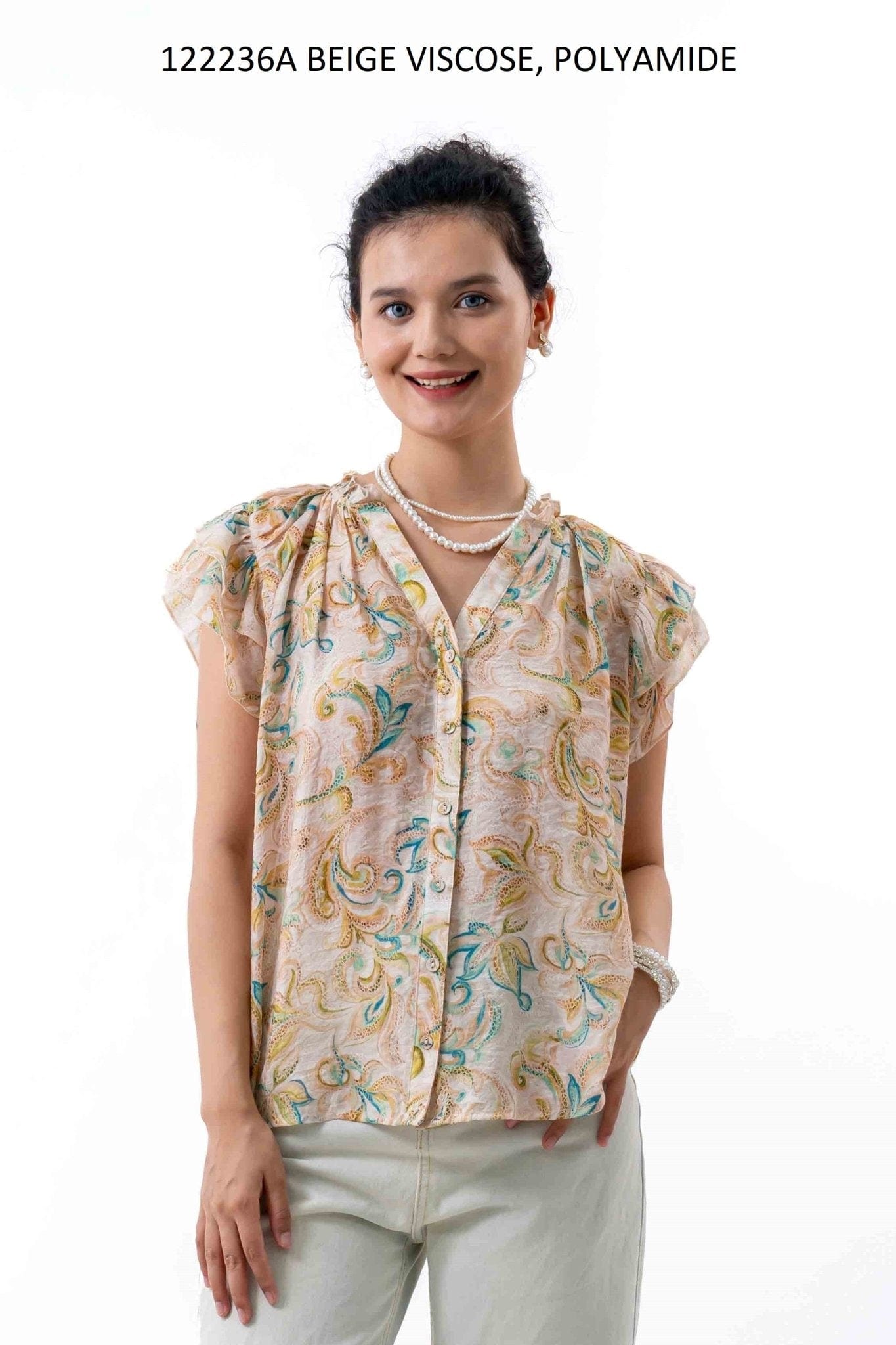 Sunny Girl Fashion 122236A  - Sunnygirl - Print Ruffle Short Sleeve Shirt - Beige