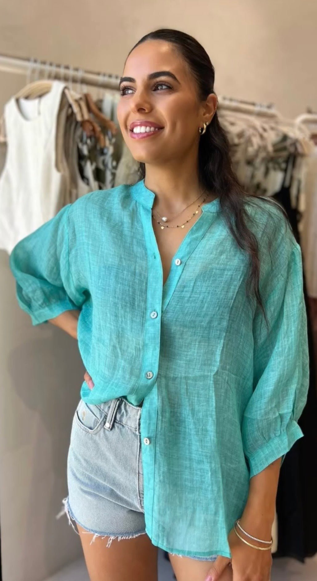 Buy Worthier The Label - Button Back Linen Shirt - Aqua by Worthier - at Hamish + Grace