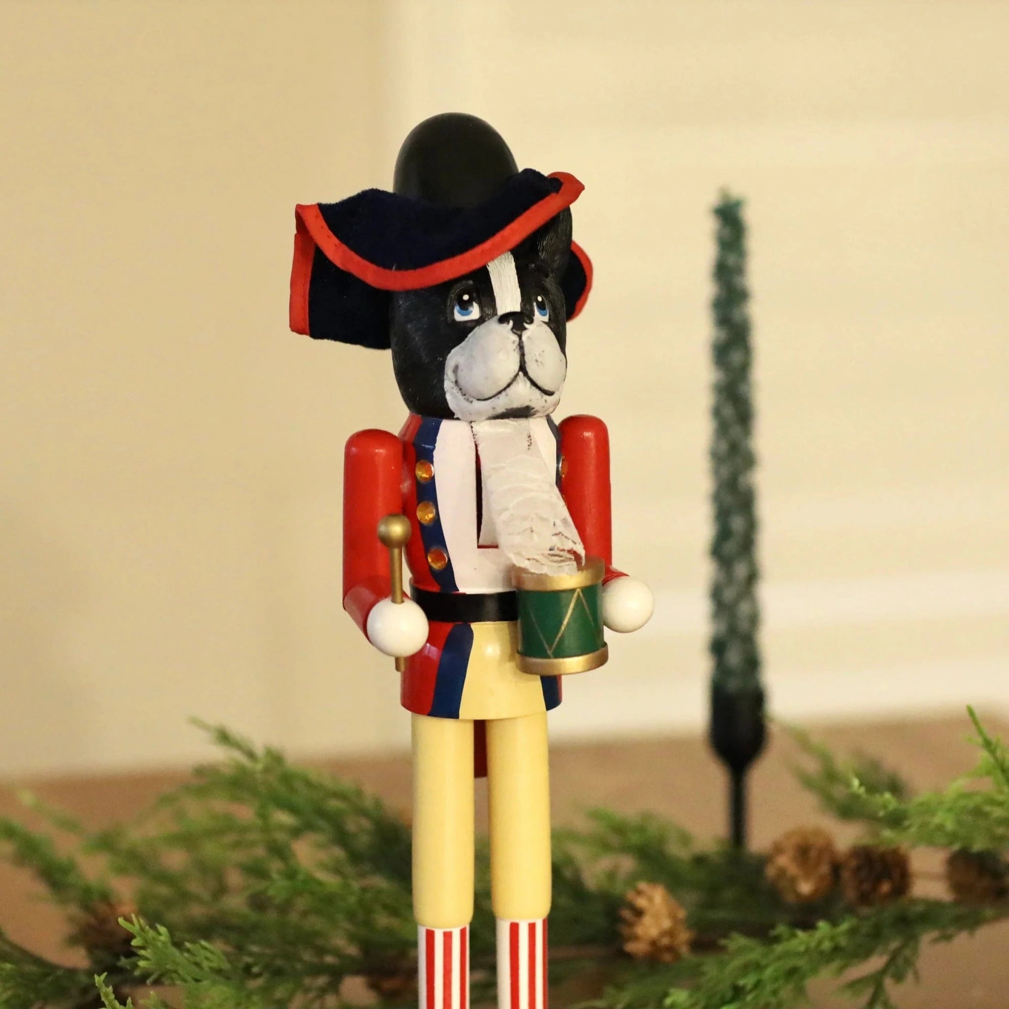 Xmas & Co Gifts Wooden Black Bulldog Nutcracker - with Drums 38cm