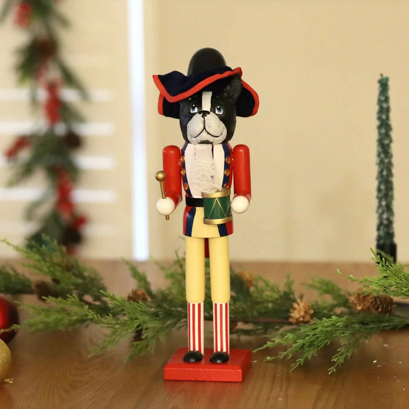 Xmas & Co Gifts Wooden Black Bulldog Nutcracker - with Drums 38cm