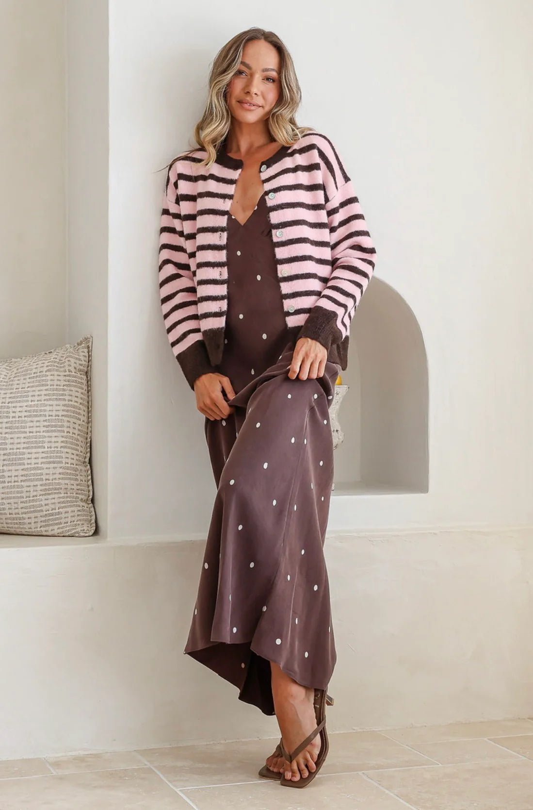 Buy Zara Cardi - Pink/Choc Stripe by Hamish + Grace - at Hamish + Grace