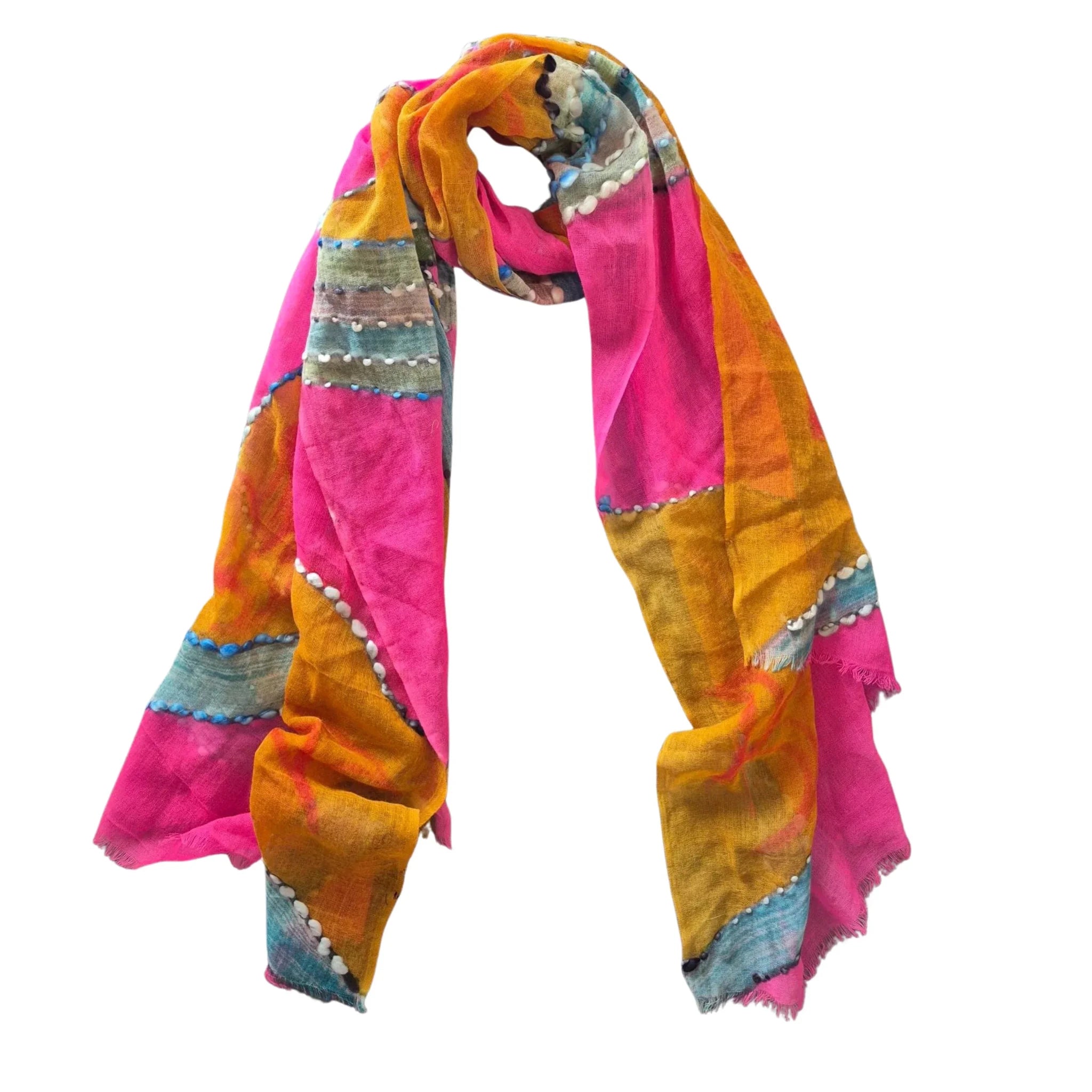Buy Zoda | Pink and Orange Hand Embroidered 100% Wool Scarf by Zoda - at Hamish + Grace