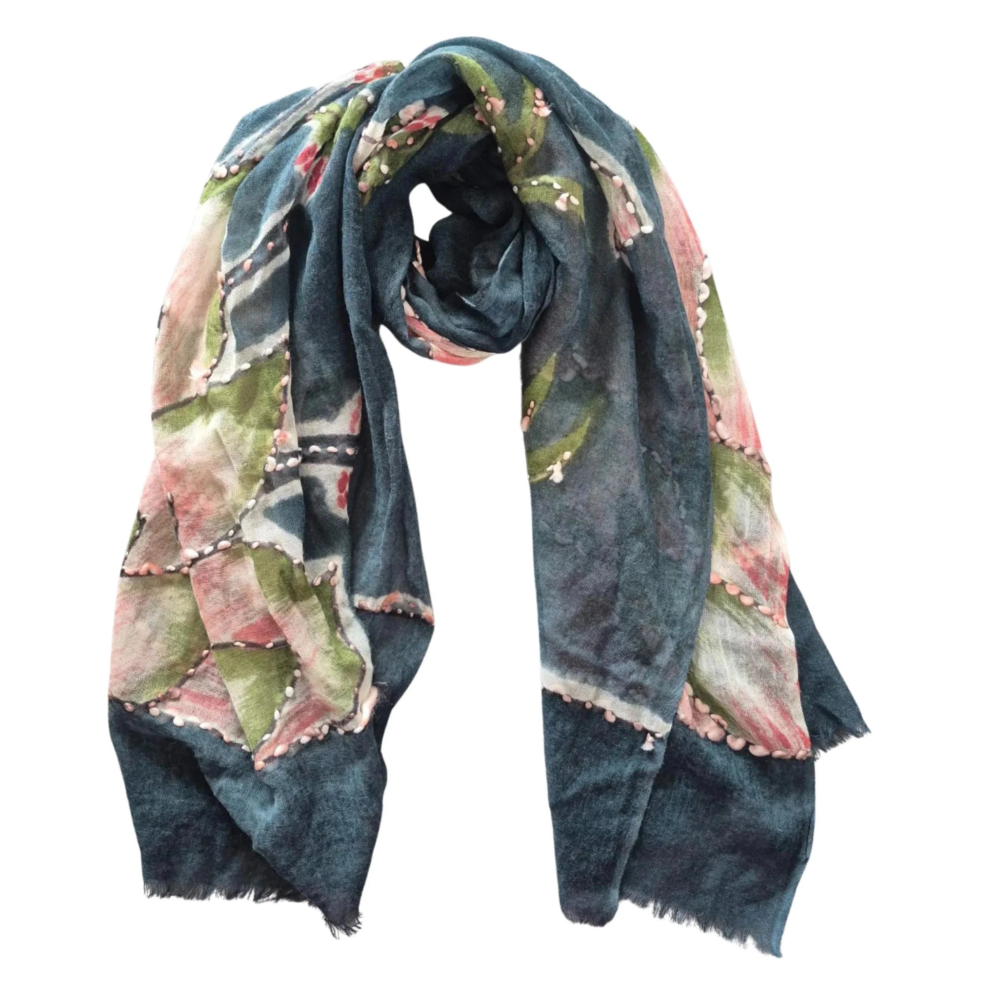 Buy Zoda | Teal Floral Hand Embroidered 100% Wool Scarf by Zoda - at Hamish + Grace
