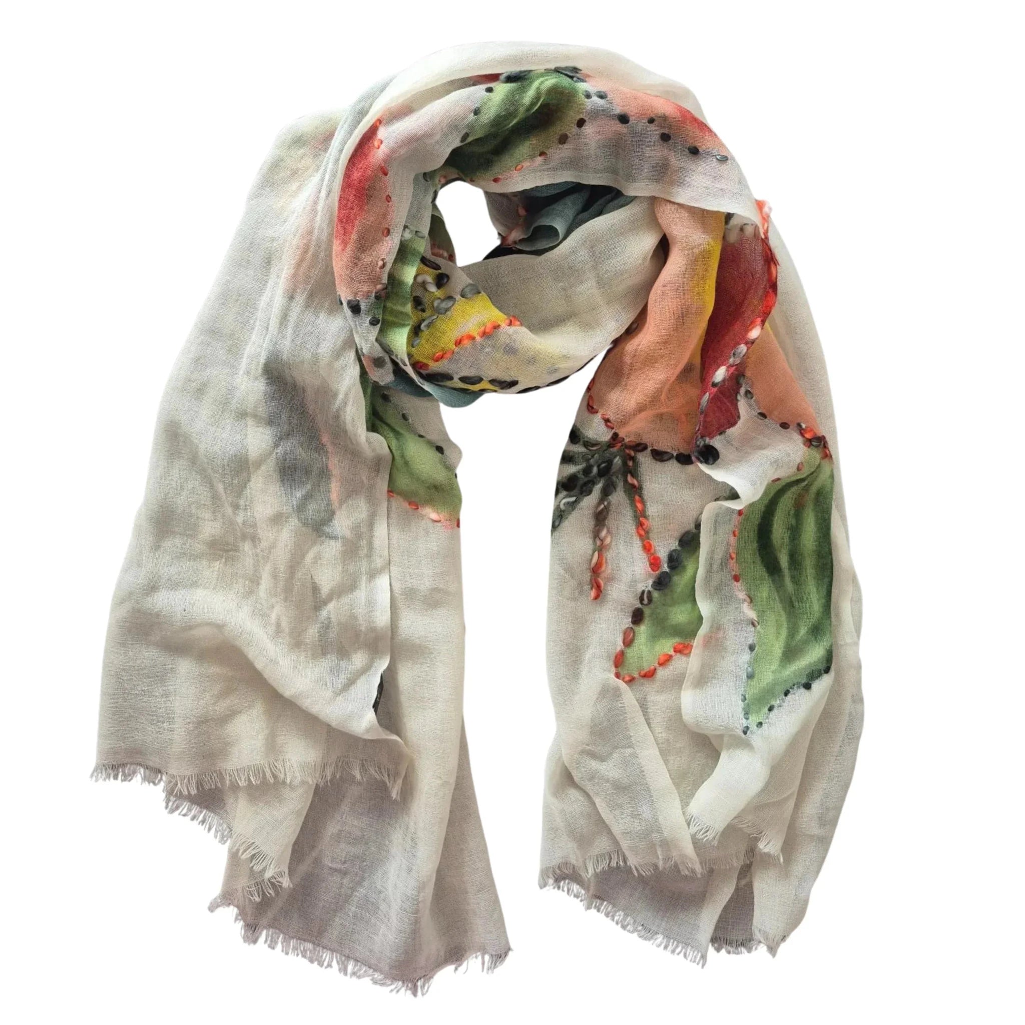 Buy Zoda | White Floral Hand Embroidered 100% Wool Scarf by Zoda - at Hamish + Grace